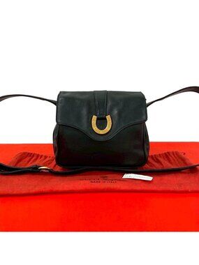 Gucci Vintage Horse Shoe Logo Leather Shoulder Bag Black